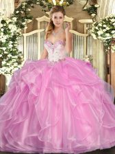  Floor Length Ball Gowns Sleeveless Rose Pink Quinceanera Dresses Lace Up