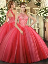 Admirable High-neck Sleeveless Tulle Quince Ball Gowns Beading Lace Up