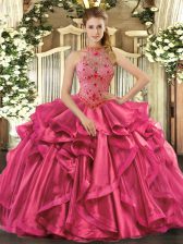 Discount Hot Pink Sleeveless Organza Lace Up Sweet 16 Dresses for Sweet 16 and Quinceanera