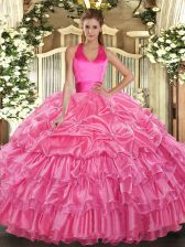  Rose Pink Sleeveless Floor Length Ruffled Layers and Pick Ups Lace Up Quinceanera Gowns