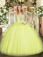  Floor Length Lace Up Sweet 16 Quinceanera Dress Yellow Green for Military Ball and Sweet 16 and Quinceanera with Beading and Ruffles