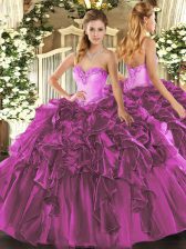 Pretty Fuchsia Ball Gowns Beading and Ruffles Quinceanera Gown Lace Up Organza Sleeveless Floor Length
