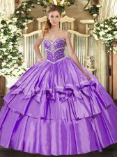 Artistic Floor Length Lace Up Quinceanera Gown Lavender for Military Ball and Sweet 16 and Quinceanera with Beading and Ruffled Layers