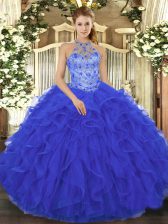 Attractive Royal Blue Sweet 16 Quinceanera Dress Military Ball and Sweet 16 and Quinceanera with Beading and Embroidery and Ruffles Halter Top Sleeveless Lace Up