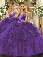  Ball Gowns Sweet 16 Dresses Purple Straps Organza Sleeveless Floor Length Lace Up