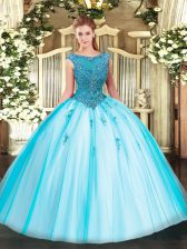  Aqua Blue Zipper Scoop Beading and Appliques Quinceanera Gowns Tulle Cap Sleeves