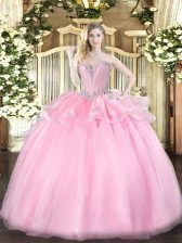  Sweetheart Sleeveless Quince Ball Gowns Floor Length Beading Pink Organza