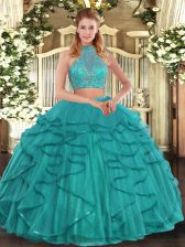 High Class Sleeveless Tulle Floor Length Criss Cross Vestidos de Quinceanera in Turquoise with Beading and Ruffled Layers