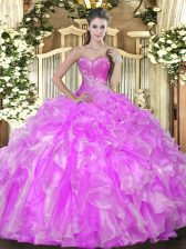  Floor Length Lace Up Quinceanera Gown Lilac for Military Ball and Sweet 16 and Quinceanera with Beading and Ruffles