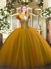 Adorable Brown Tulle Lace Up Quince Ball Gowns Sleeveless Floor Length Beading