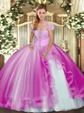 New Style Fuchsia Tulle Lace Up Strapless Sleeveless Floor Length 15 Quinceanera Dress Appliques and Ruffles