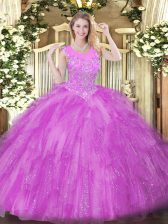 Super Sleeveless Tulle Floor Length Zipper Vestidos de Quinceanera in Lilac with Beading and Ruffles