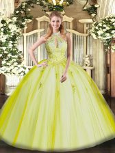 Cheap Yellow Green Halter Top Lace Up Appliques Sweet 16 Quinceanera Dress Sleeveless