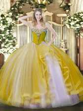  Floor Length Gold 15 Quinceanera Dress Sweetheart Sleeveless Lace Up