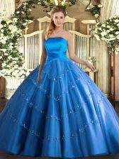 Stylish Blue Lace Up Strapless Appliques Ball Gown Prom Dress Tulle Sleeveless