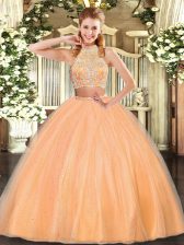  Orange Red Halter Top Criss Cross Beading Ball Gown Prom Dress Sleeveless