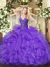 Elegant Lavender Ball Gowns Beading and Ruffles Quinceanera Gowns Lace Up Organza Sleeveless Floor Length