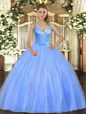  Blue Ball Gowns Tulle V-neck Sleeveless Beading Floor Length Lace Up Quinceanera Gown