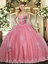 Extravagant Floor Length Watermelon Red Sweet 16 Dresses Tulle Sleeveless Beading and Appliques