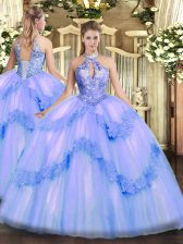  Blue Ball Gowns Appliques and Sequins Sweet 16 Dresses Lace Up Tulle Sleeveless Floor Length