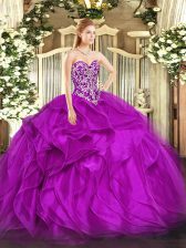 Edgy Fuchsia Ball Gowns Sweetheart Sleeveless Organza Floor Length Lace Up Beading and Ruffles Quinceanera Gowns