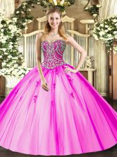 High Class Lilac Ball Gowns Sweetheart Sleeveless Tulle Floor Length Lace Up Beading and Appliques Ball Gown Prom Dress