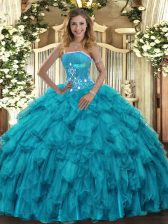 Beauteous Teal Organza Lace Up Strapless Sleeveless Floor Length Quince Ball Gowns Beading and Ruffles