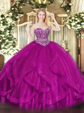 Fuchsia Sleeveless Floor Length Beading and Ruffles Lace Up Quince Ball Gowns