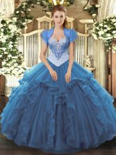  Blue Tulle Lace Up Quinceanera Dresses Sleeveless Floor Length Beading