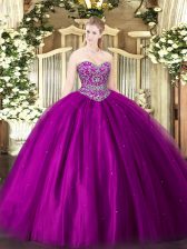  Fuchsia Sleeveless Floor Length Beading Lace Up 15th Birthday Dress