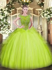  Sleeveless Tulle Floor Length Zipper Sweet 16 Dresses in Yellow Green with Beading