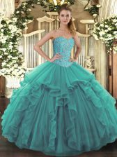  Floor Length Lace Up Quince Ball Gowns Turquoise for Military Ball and Sweet 16 and Quinceanera with Beading and Ruffles