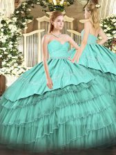 Beauteous Sleeveless Organza and Taffeta Floor Length Zipper 15th Birthday Dress in Turquoise with Beading and Lace and Embroidery and Ruffled Layers