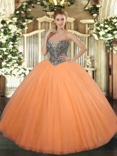 New Arrival Floor Length Lace Up Quince Ball Gowns Orange for Military Ball and Sweet 16 and Quinceanera with Beading