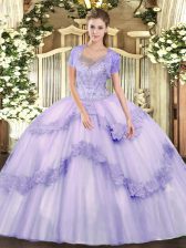  Lavender Ball Gowns Scoop Sleeveless Tulle Floor Length Clasp Handle Beading and Appliques Quinceanera Dress