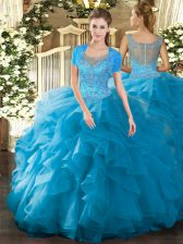 Suitable Sleeveless Tulle Floor Length Clasp Handle Ball Gown Prom Dress in Teal with Beading and Ruffled Layers