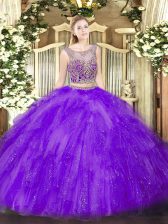 Smart Beading and Ruffles Ball Gown Prom Dress Lavender Lace Up Sleeveless Floor Length