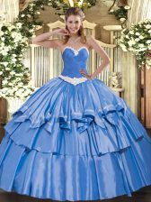  Blue Lace Up Quinceanera Gowns Appliques and Ruffled Layers Sleeveless Floor Length