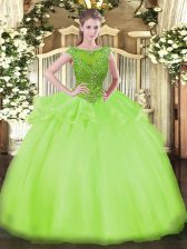 Fine Cap Sleeves Floor Length Beading Zipper Ball Gown Prom Dress with Yellow Green