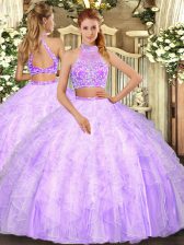 Excellent Floor Length Lilac 15th Birthday Dress Tulle Sleeveless Beading and Ruffles