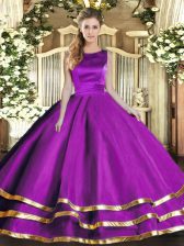 Amazing Eggplant Purple Lace Up Scoop Ruffled Layers Quinceanera Gown Tulle Sleeveless