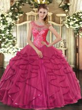 Nice Hot Pink Ball Gowns Scoop Sleeveless Tulle Floor Length Lace Up Beading and Ruffles Quinceanera Gowns