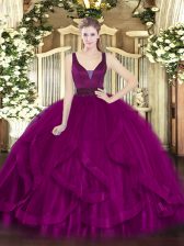 New Style Fuchsia Ball Gown Prom Dress Military Ball and Sweet 16 and Quinceanera with Beading and Ruffles Straps Sleeveless Zipper