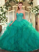  Sweetheart Sleeveless Tulle Quince Ball Gowns Beading and Ruffles Lace Up