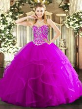  Fuchsia Ball Gowns Tulle Sweetheart Sleeveless Beading and Ruffles Floor Length Lace Up Sweet 16 Dress