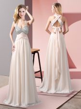 Fashionable Sleeveless Chiffon Floor Length Criss Cross Prom Party Dress in Champagne with Beading