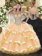  Peach Sleeveless Beading and Ruffled Layers Floor Length Quince Ball Gowns
