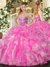 Fine Rose Pink Lace Up Sweetheart Beading and Ruffles Quinceanera Dress Organza Sleeveless