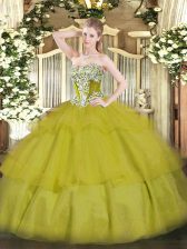 Dynamic Olive Green Tulle Lace Up Strapless Sleeveless Floor Length Vestidos de Quinceanera Beading and Ruffled Layers