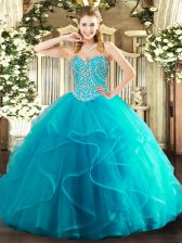  Teal Ball Gowns Sweetheart Sleeveless Tulle Floor Length Lace Up Beading and Ruffles Quinceanera Dress